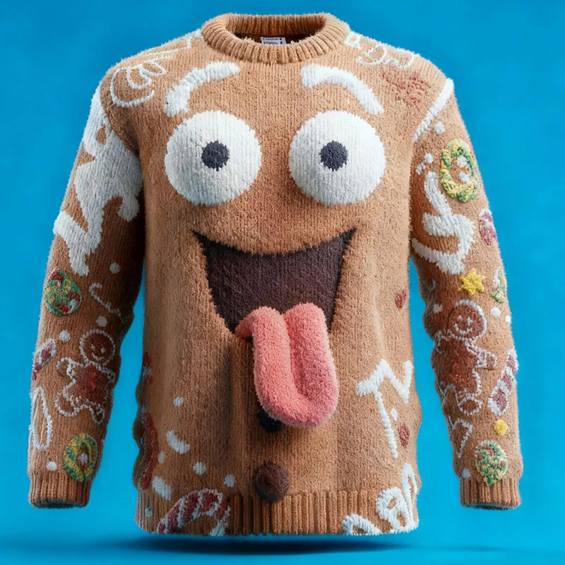 Men's Funny Gingerbread Man Print Knit Sweatshirt