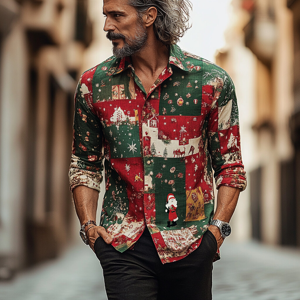 Men's Christmas Atmosphere Color Block Patchwork Print Long Sleeve Shirt
