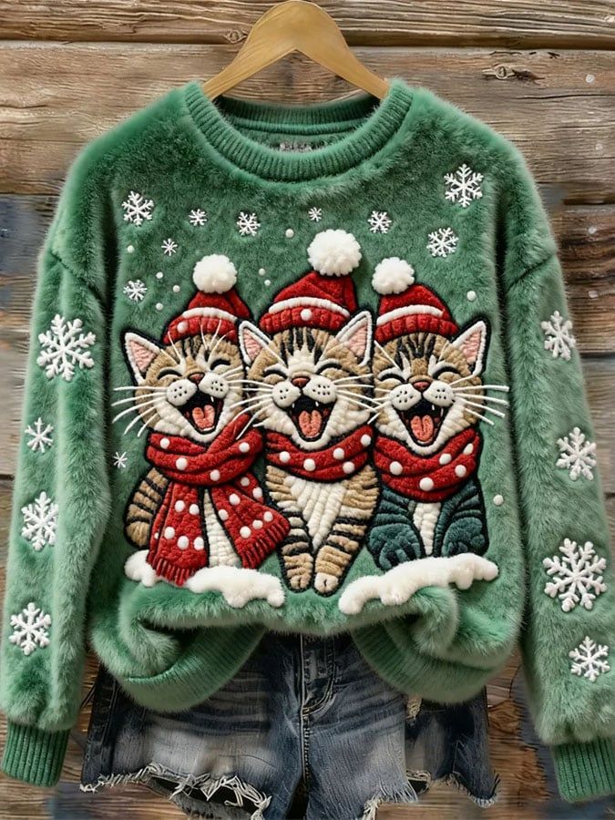 Women's Christmas Snowflakes Cats Print Knit Sweatshirt