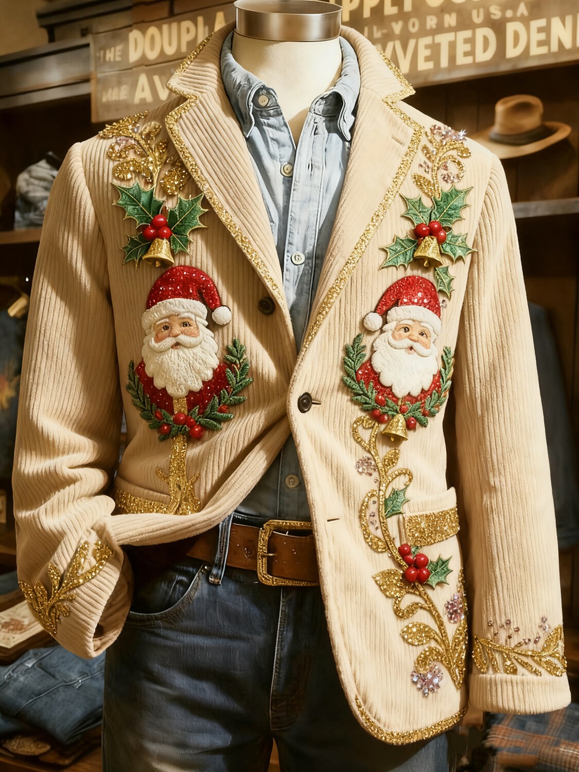 Men's Christmas Bell Holly Santa Claus Print Corduroy Blazer