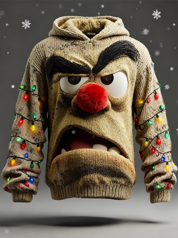 Men's 3D Angry Cartoon Face and Colorful String Lights Print Knit Hoodie