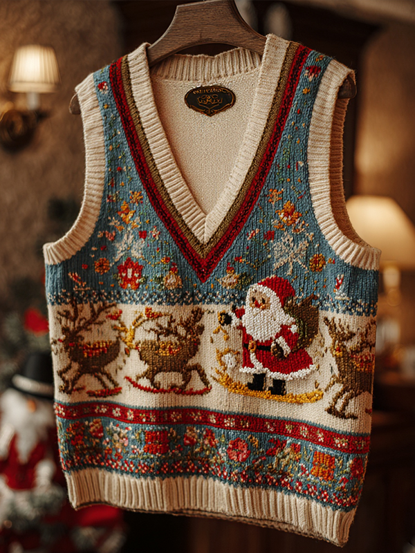Men's Christmas Santa Claus And Reindeer Print V Neck Knit Vest