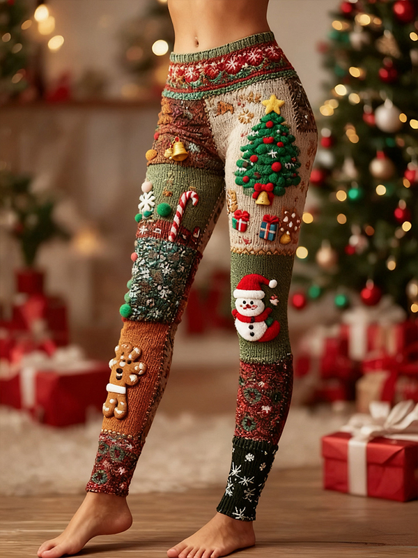 Women's Patchwork Christmas Tree Snowman Gingerbread Man Ethnic Pattern Print Leggings