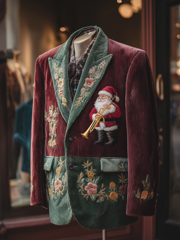 Men's Santa Claus Plays The Trumpet Print Corduroy Blazer