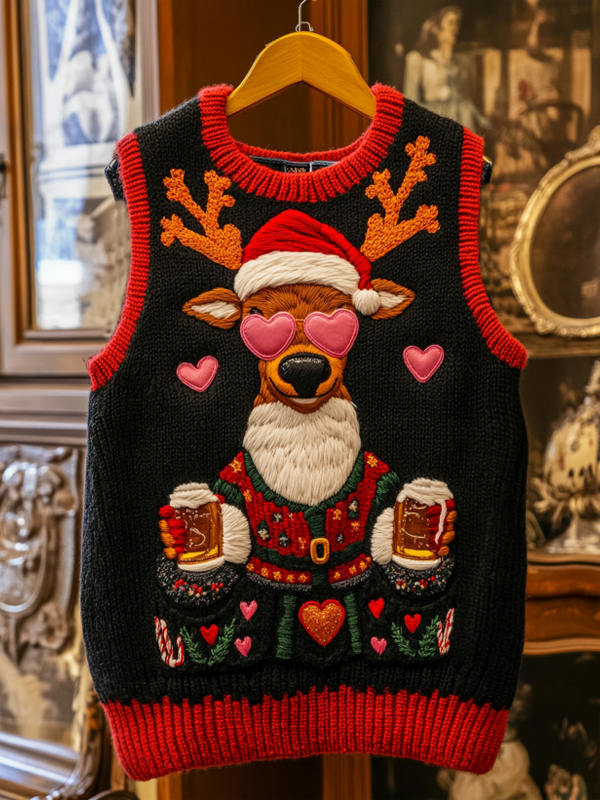 Men's Christmas Reindeer Loves Beer Print Knit Vest