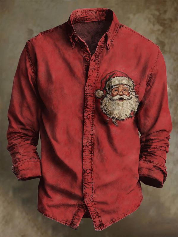 Men'S Retro Santa Claus Art Print Pocket Long Sleeve Shirt