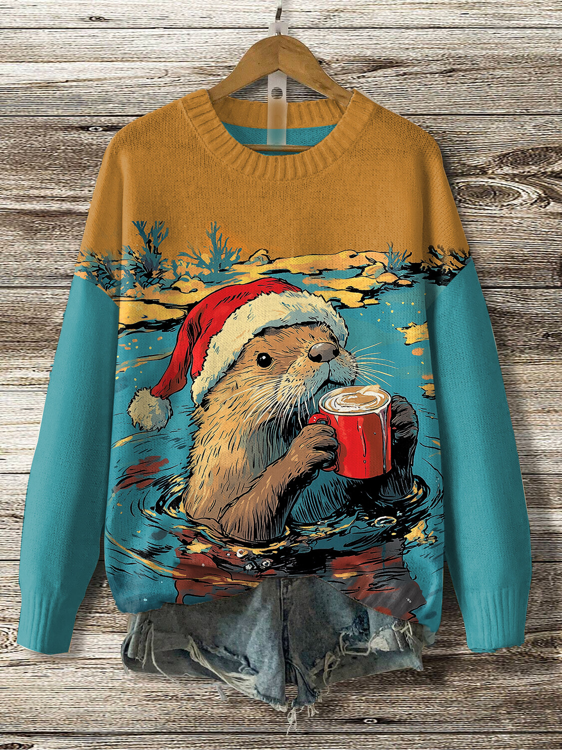 Women's Winter Christmas Otter Drinking Coffee In The Water Print Knit Sweatshirt