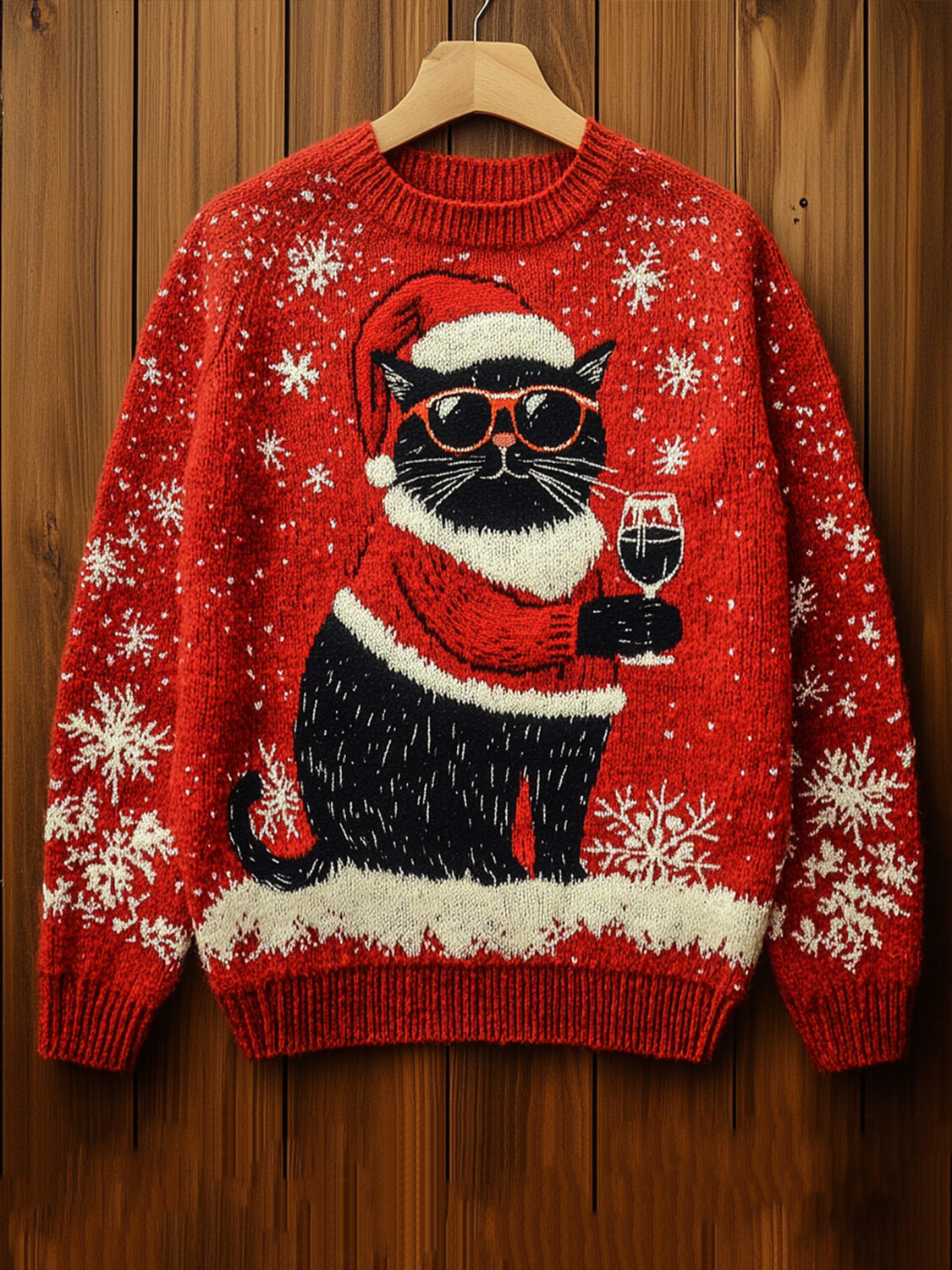 Men's Christmas Cat Holding A Glass Of Red Wine Art Print Knit Sweatshirt