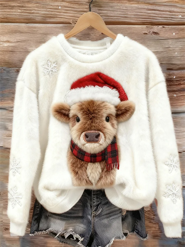 Women's Cattle Christmas Hat Plaid Scarf Print Knit Sweatshirt