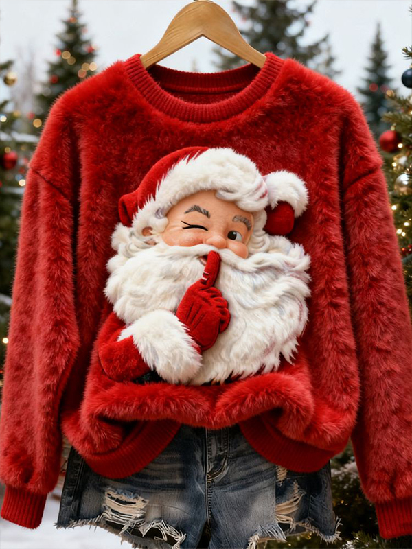 Women's Christmas Santa Claus Print Knit Sweatshirt