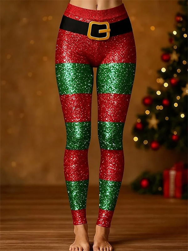 Women's Red Green Striped Sparkly Print Christmas Leggings
