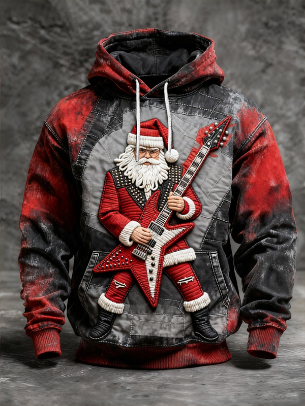 Men's Punk Rock Santa Claus Electric Guitar Print Casual Hoodie