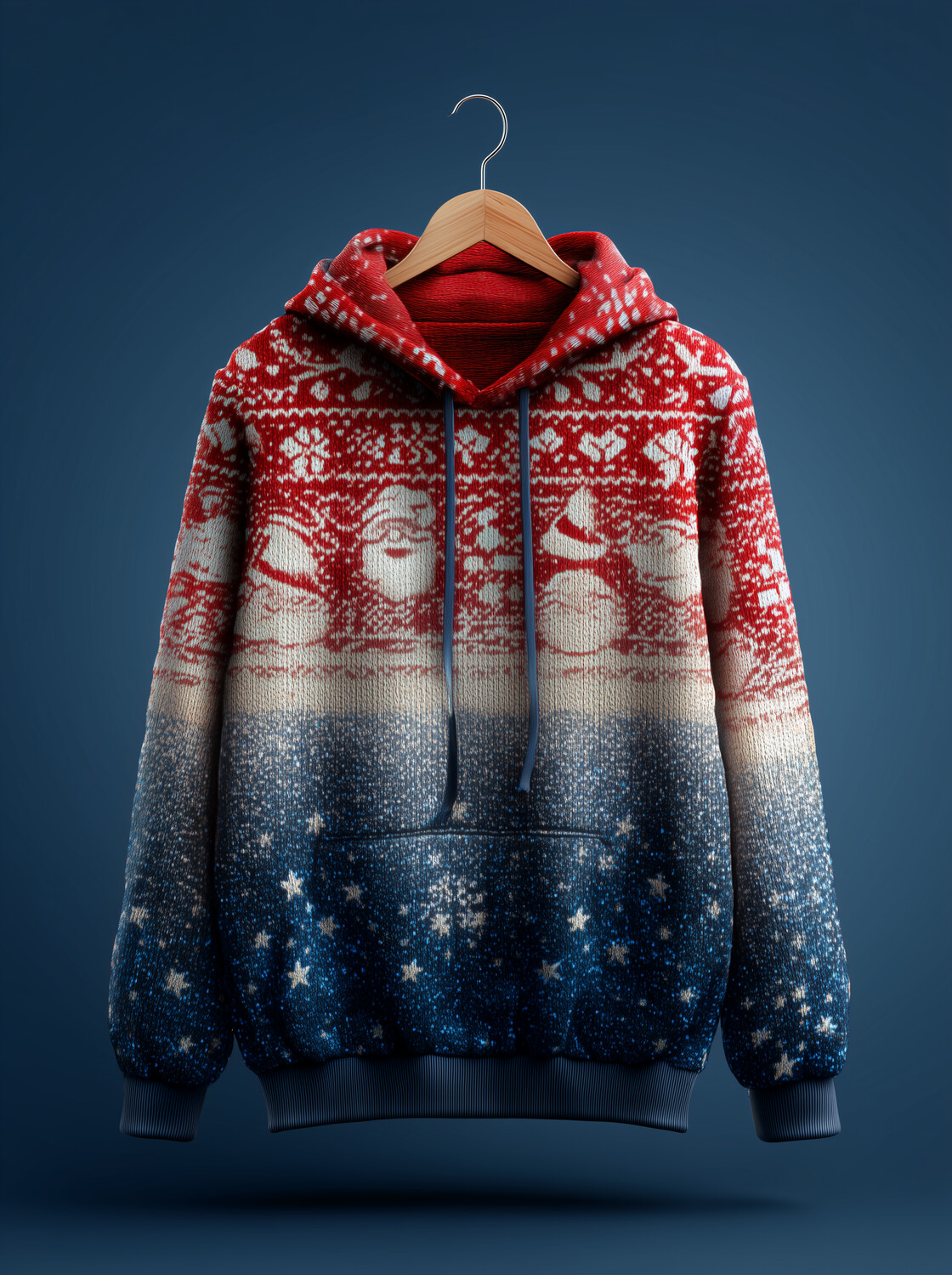 Men's Color Block Santa And Star Art Print Casual Knit Hoodie