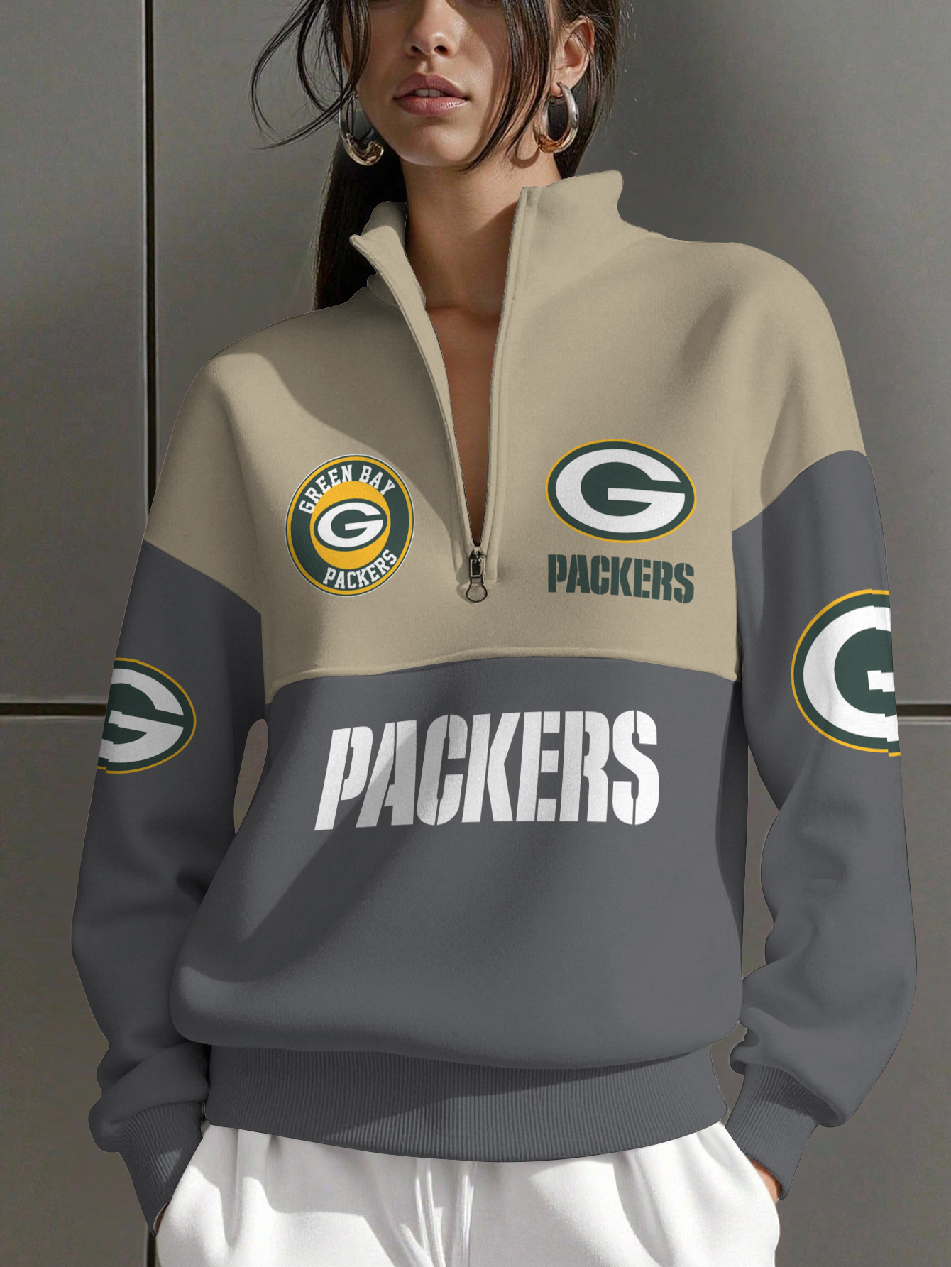 Green Bay Packers  Women Plain Color Zip Up Long Sleeve Sweatshirt