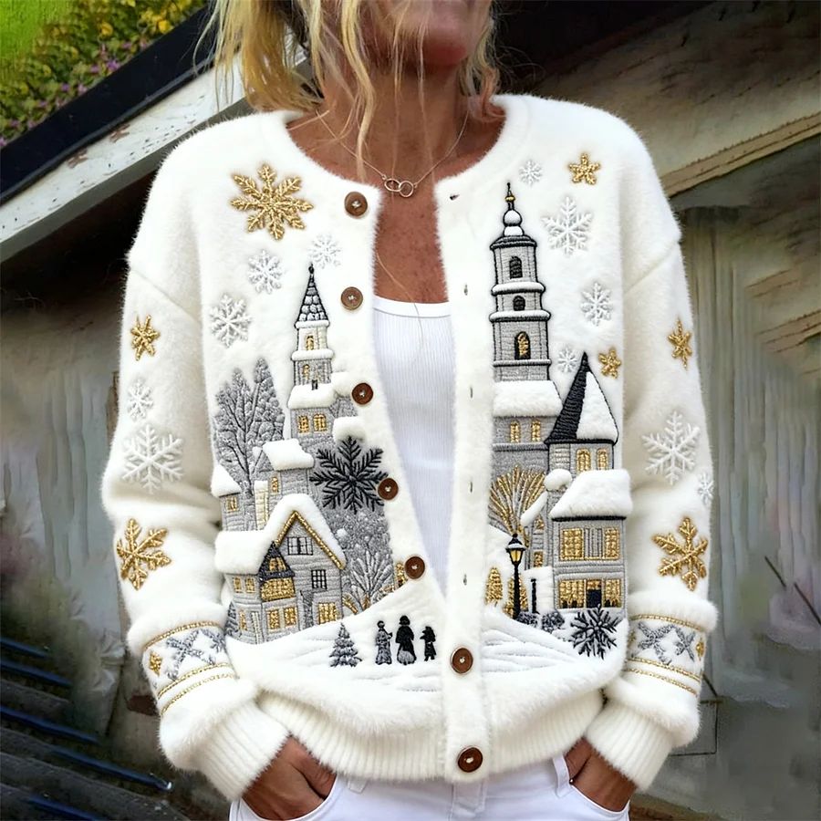 Women's Christmas Snowy Town Print Knit Cardigan