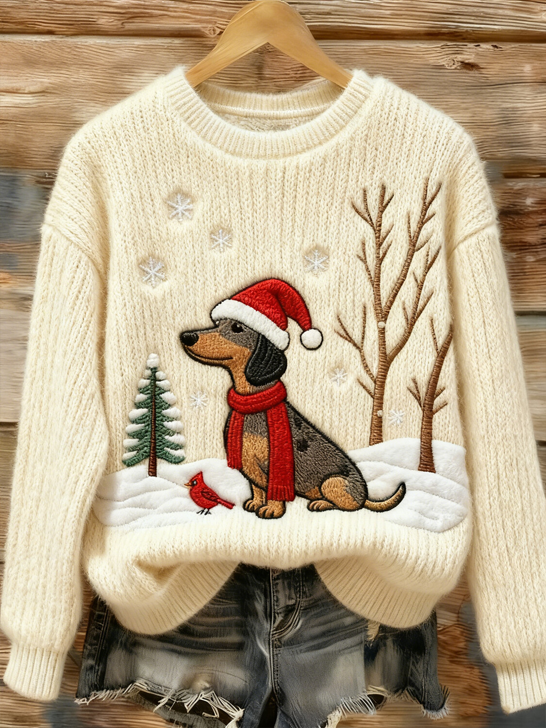 Women's Christmas Snowy Dachshund Print Knit Sweatshirt