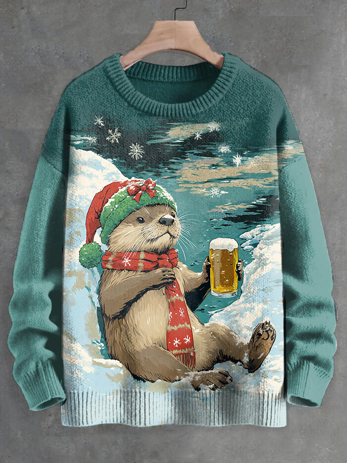 Men's Otter Drinking Beer Christmas Snowflake Print Knit Sweatshirt