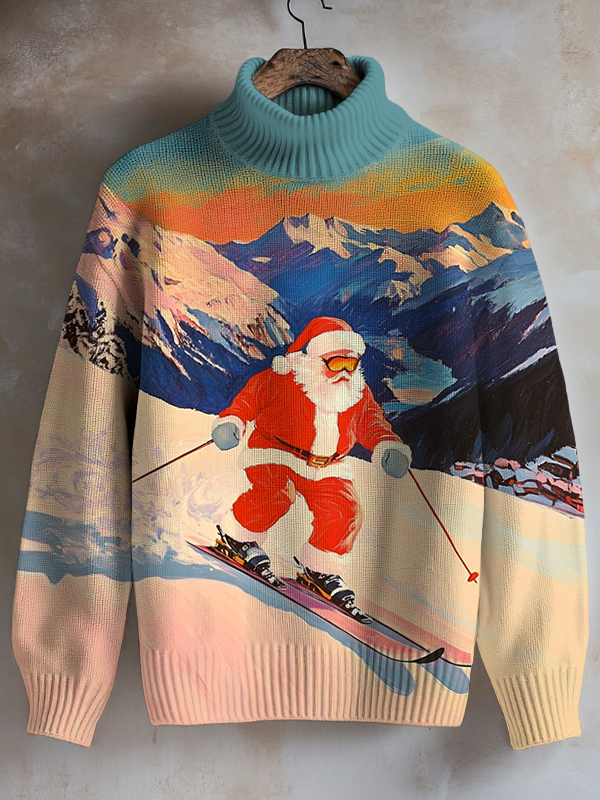 Men's Sunset Santa Skiing Art Print High Neck Knit Sweatshirt
