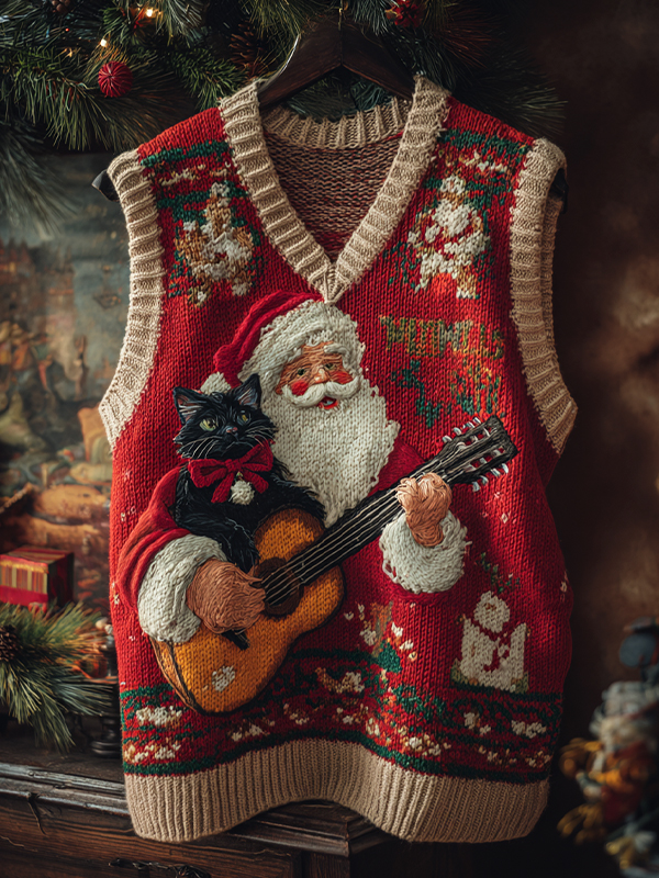 Men's Christmas Santa Claus Holding A Black Cat Playing Guitar Print V Neck Knit Vest