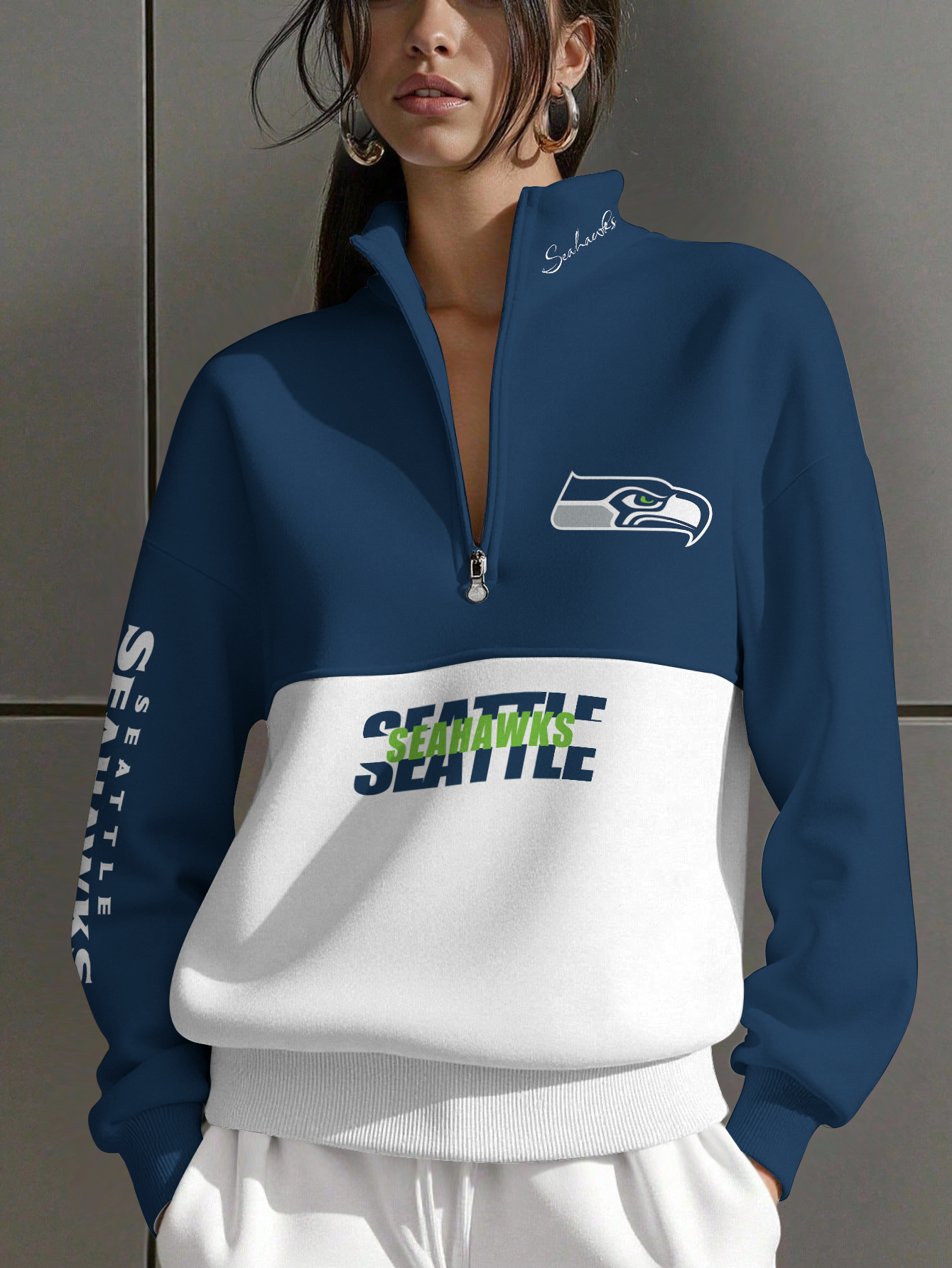 Seattle Seahawks  Women Plain Color Zip Up Long Sleeve Sweatshirt