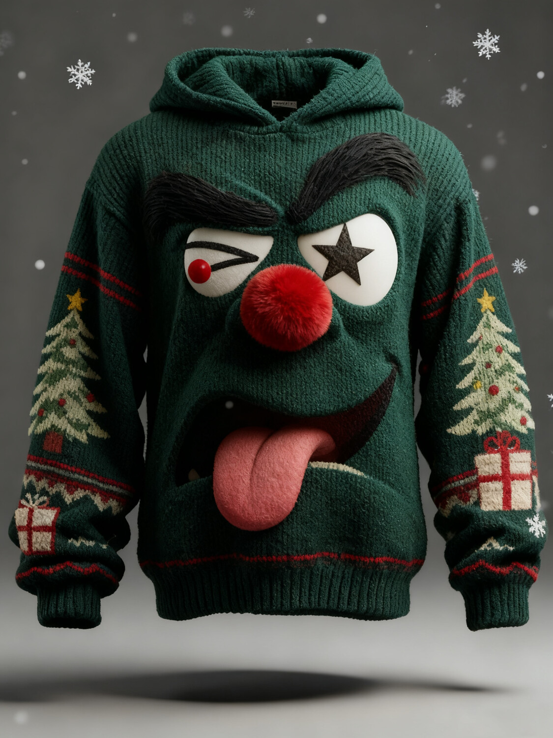 Men's Christmas Goofy Winking Star-Eye Face Print Knit Hoodie