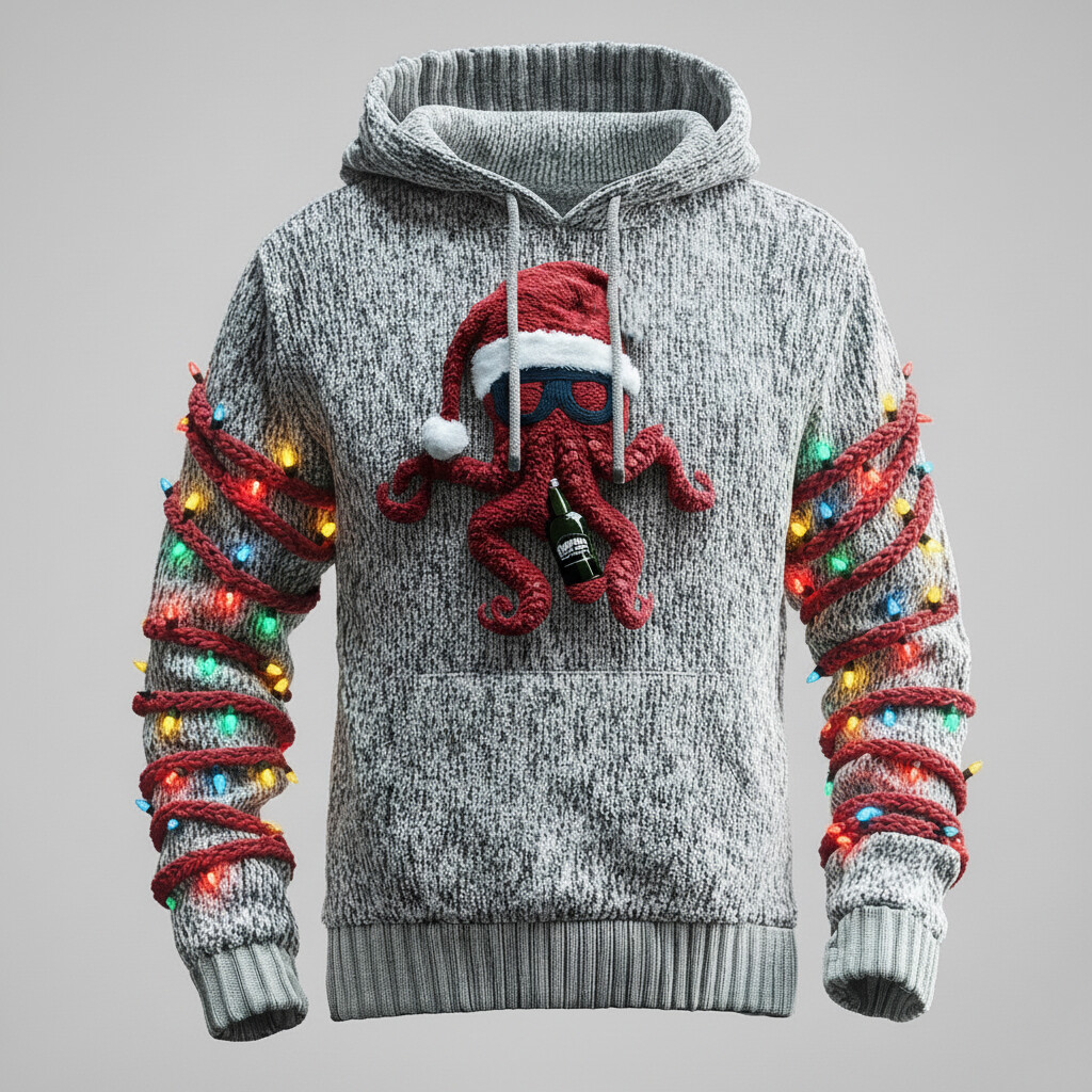 Men's 3D Octopus Drinks Beer LED String Lights Print Knit Hoodie