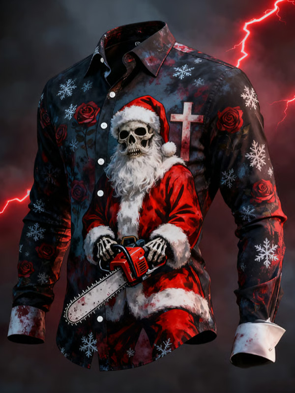 Men's Santa Skull Rose Cross Dark Art Print Long Sleeve Shirt
