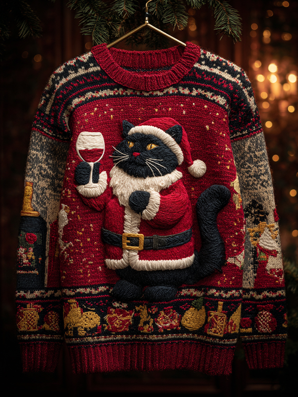 Men's The Black Cat Drinks Red Wine Christmas Print Knit Sweatshirt