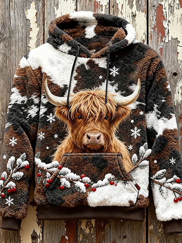 Men's Velvet Christmas Snow Highland Cow Holly Art Print Flannel Pocket Hoodie