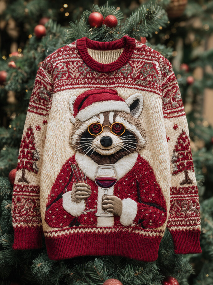 Men's Christmas Raccoon Holding Wine Glasses Print Knit Sweatshirt