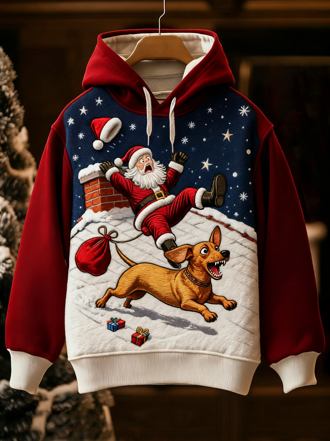 Men's Merry Christmas Santa Claus Delivering Gifts Print Ribbed Hoodie