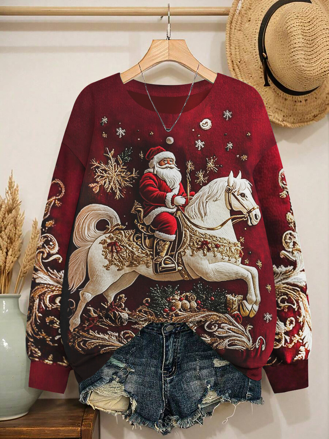 Women's Christmas Holly Snowflakes Santa Horse Print Sweatshirt