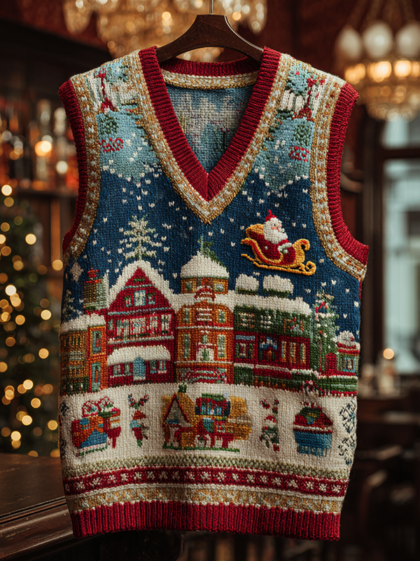 Men's Festive Christmas Atmosphere On The Streets Print Knit Vest