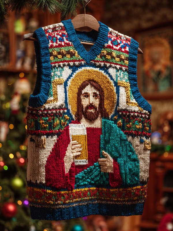 Men's Christmas Vibes Jesus Drinks Beer Print V Neck Knit Vest