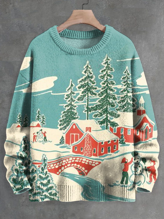 Men's Christmas Snow Village Print Knit Sweatshirt