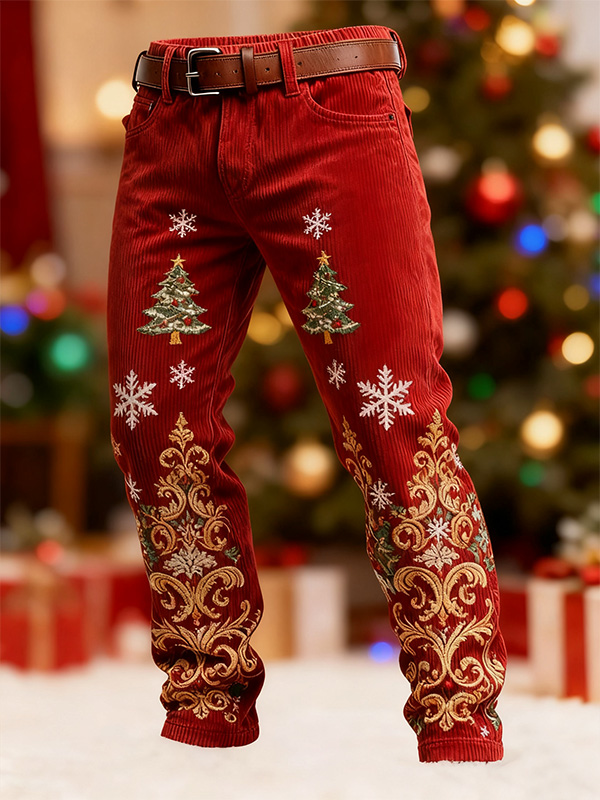 Men's Christmas Tree Art Print Casual Corduroy Pants