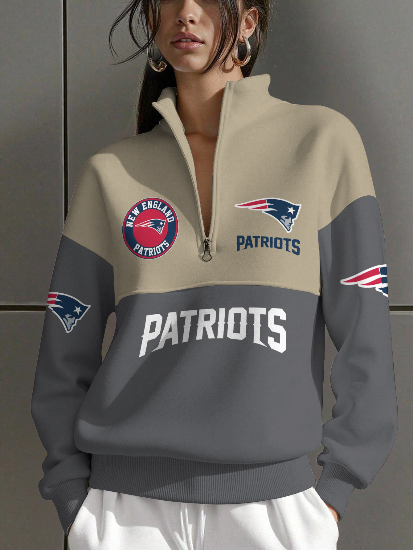 New England Patriots  Women Plain Color Zip Up Long Sleeve Sweatshirt