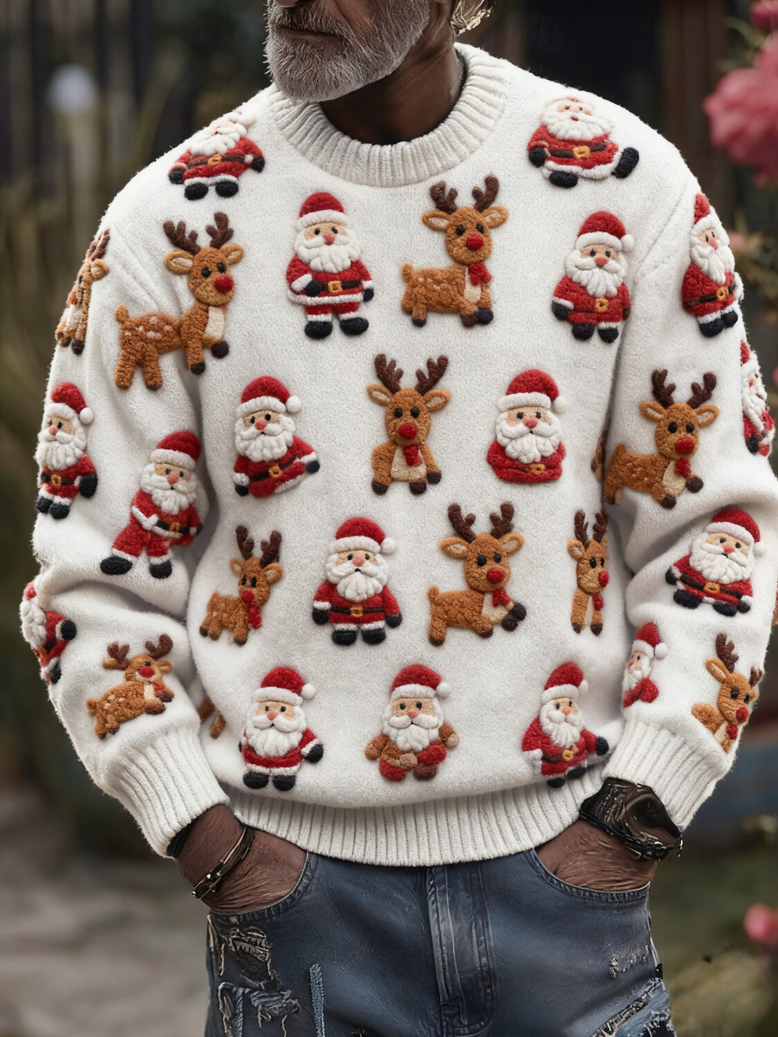 Men's Santa Claus And Reindeer Print Knit Sweatshirt