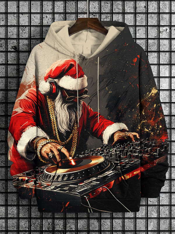 Men's Hip Hop Santa DJ Christmas Print Casual Hoodie