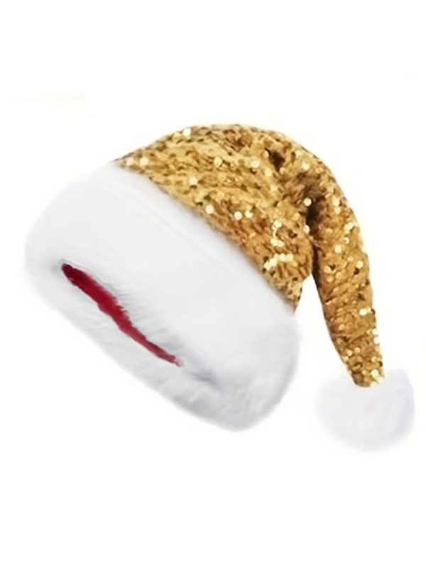 Christmas Sequin Faux Fur Trim Pom-Pom Santa Hat