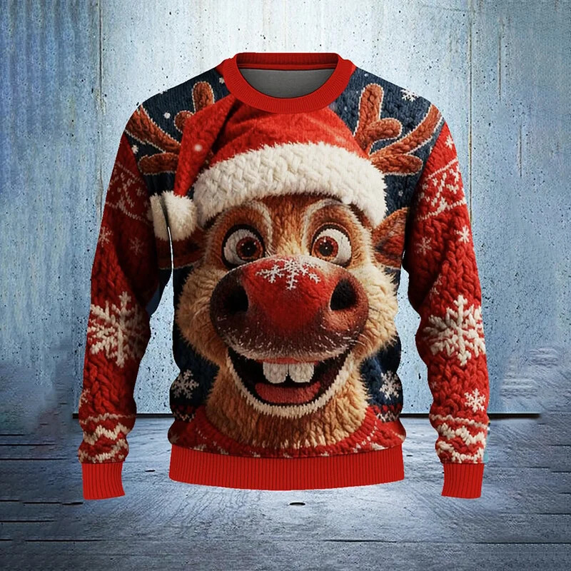 Men's Funny Reindeer Snowflakes Print Knit Sweatshirt
