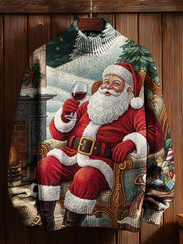 Men's Santa Claus Drinking Red Wine Print High Neck Knit Sweatshirt