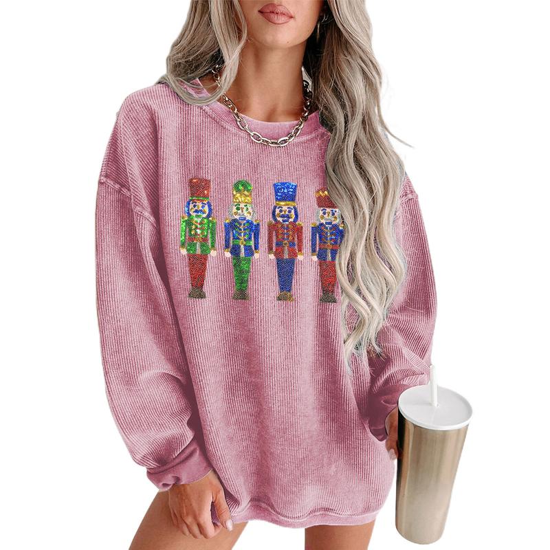 复制Women's Oversized Grass Green Corded Ribbed Christmas Sweatshirt with Sequined Santa Claus Patches,  Long Sleeve Pullover for Holiday Party,Winteroutfit