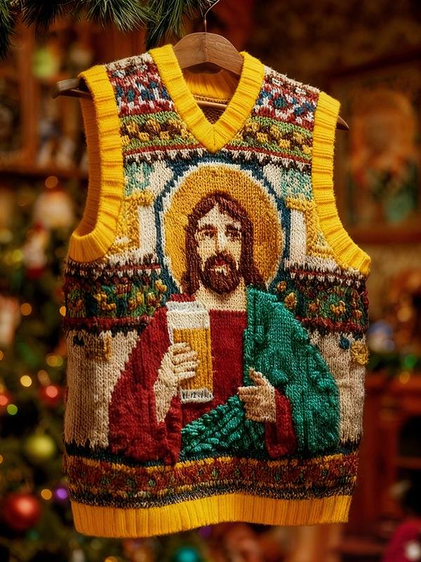Men's Christmas Vibes Jesus Drinks Beer Print V Neck Knit Vest