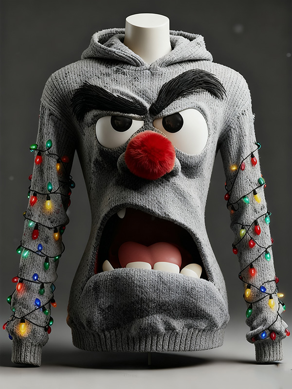Women's 3D Grumpy Face Ugly Christmas LED String Lights Print Knit Hoodie