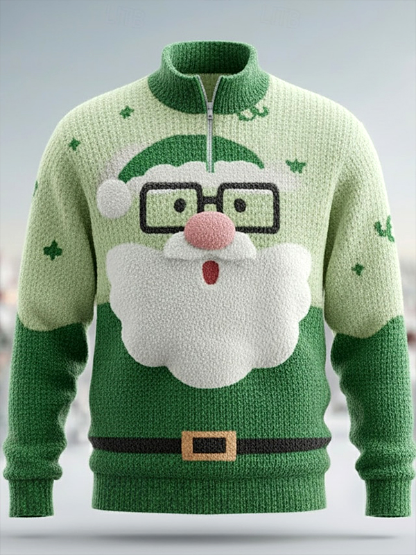 Men's Fun Christmas Ugly Santa Claus Print Quarter Zip Sweatshirt