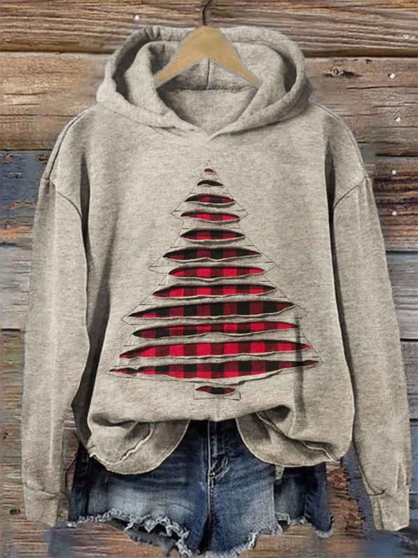 Women's Christmas Tree Plaid Print Casual Hoodie