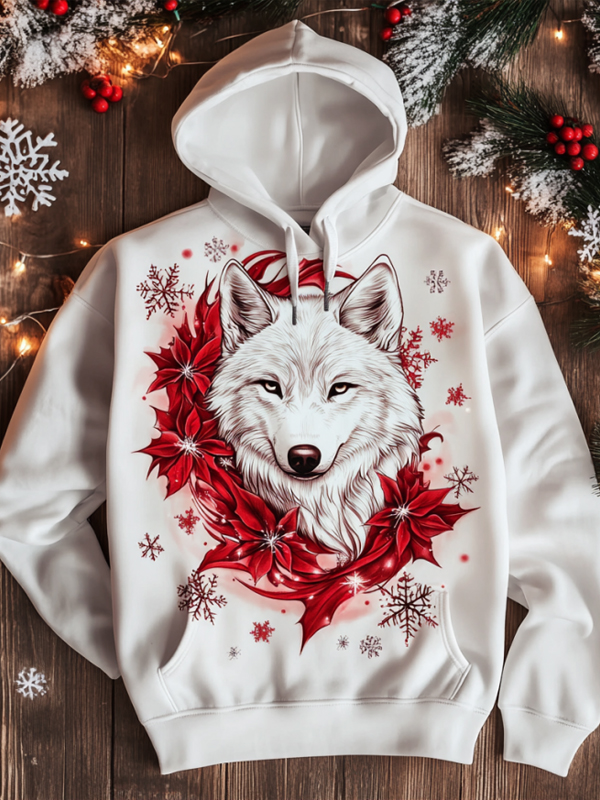 Men's Christmas Snowflakes Wolf Print Casual Hoodie