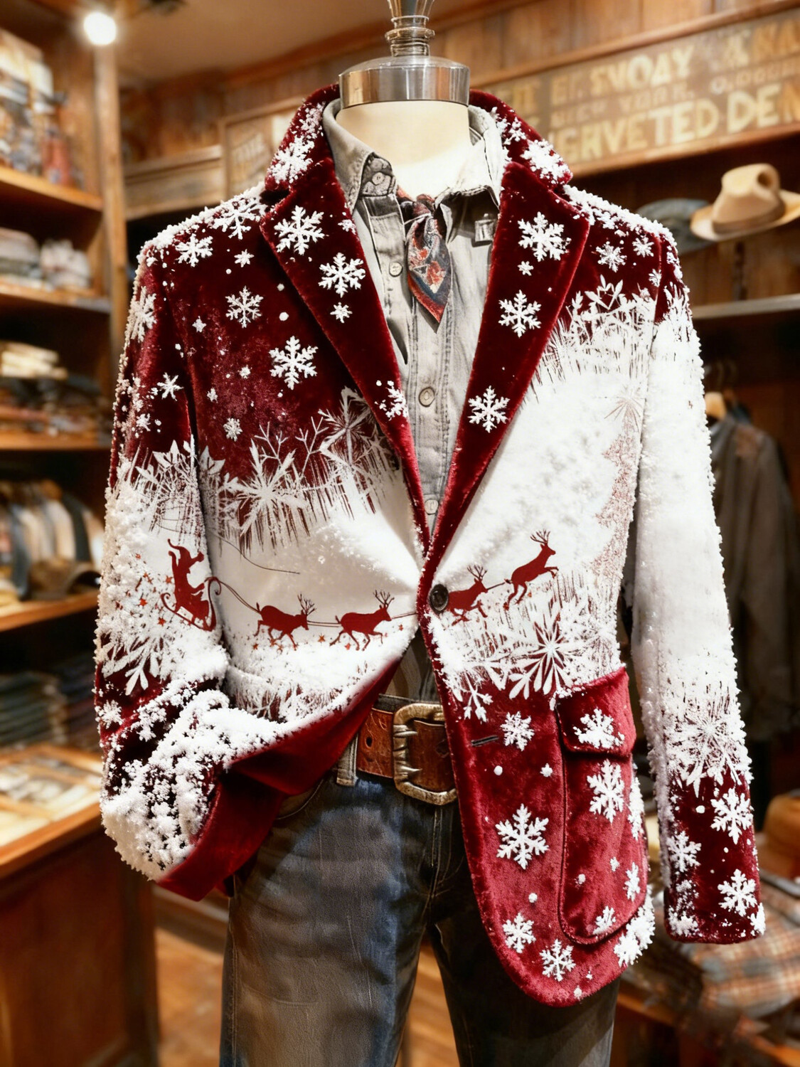 Men's Christmas Snowflake Reindeer Sleigh Print Corduroy Blazer