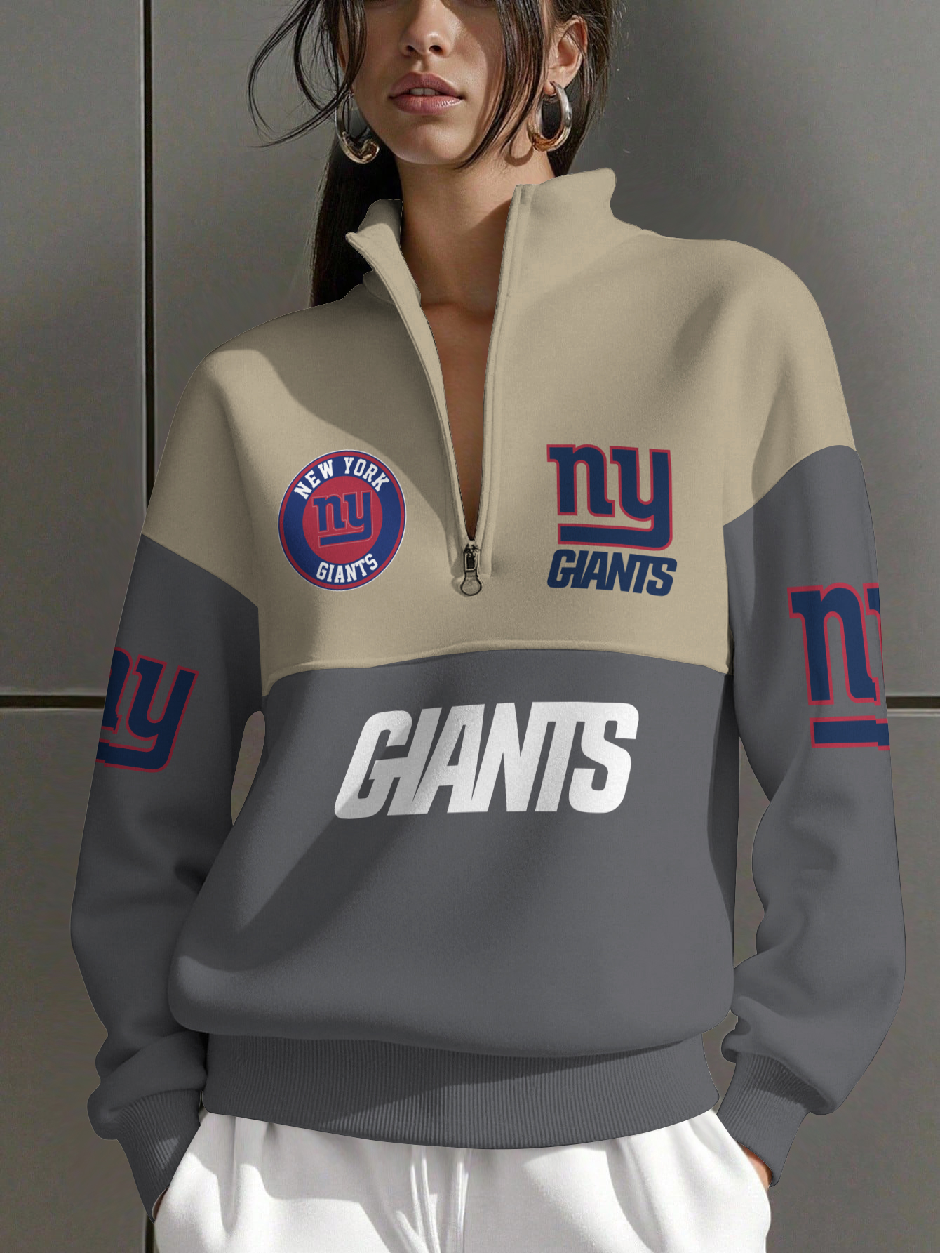 New York Giants  Women Plain Color Zip Up Long Sleeve Sweatshirt